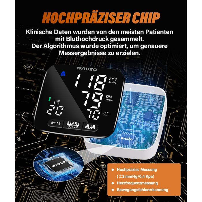 Цифровий тонометр WADEO на зап'ясті, оголошення 5 мовами, виявлення аритмії, портативний тонометр для дому та в дорогу, 2 x 99 пам'ять, з батарейками та коробкою для зберігання, білий