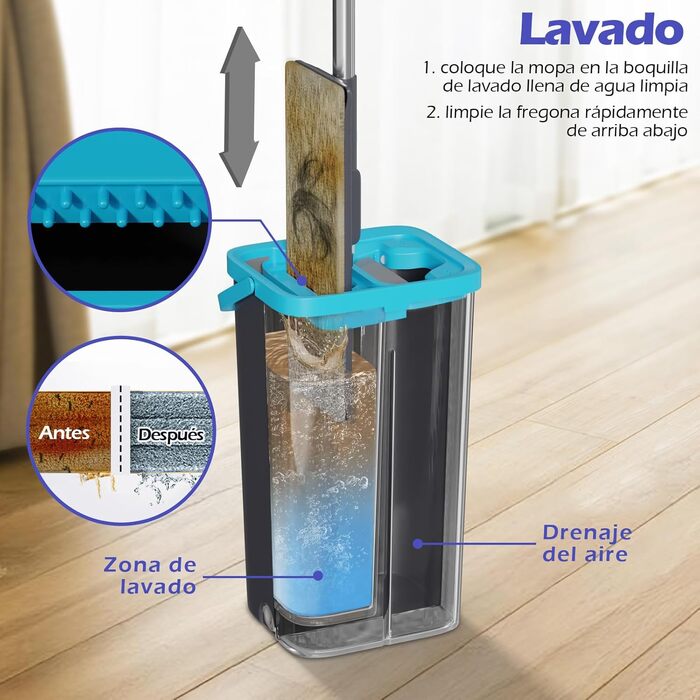 Набір для миття підлоги Wischmopp з відром, мікрофібра, віджимний механізм, 2 в 1, регульована ручка, 6 мікрофібрових насадок, сірий + блакитний