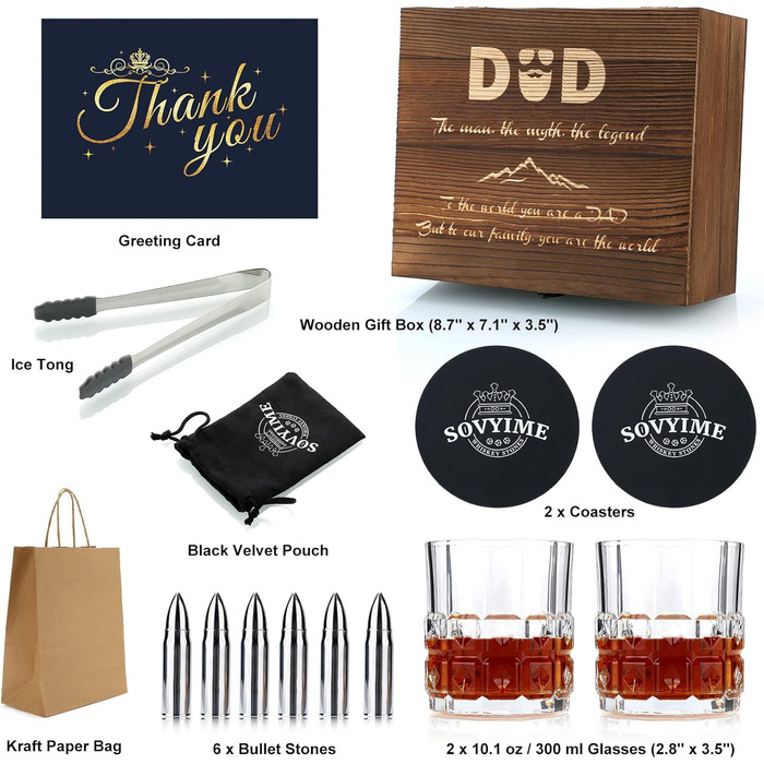 Склянки для віскі з гранітними кубиками, 2 шт. (310 мл) у дерев'яній коробці - ідеальний подарунок для любителів віскі