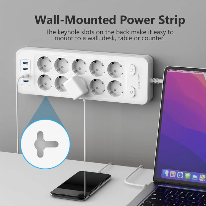 Мережева розетка JSVER на 10 розеток з 4 USB-портами для зарядки, біла. 16A, з вимикачем та кабелем 2м.