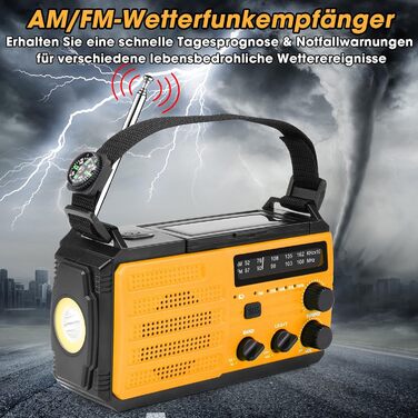 Сонячне радіо Kurbelradio 8000mAh з ручним заводом, AM/FM, динамо, радіо для надзвичайних ситуацій, ліхтарик LED, компас, IPX3, оранжевий