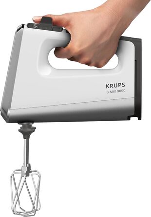 Krups GN9101 3 Mix 9000 Hand Mixer | 750 Watt | Powerful | Speed Control | Turbo Mode | Pulse Function | Ergonomic Handle | Long Cord | Includes Whisk and Dough Hooks | White/Silver 750 Watt Single