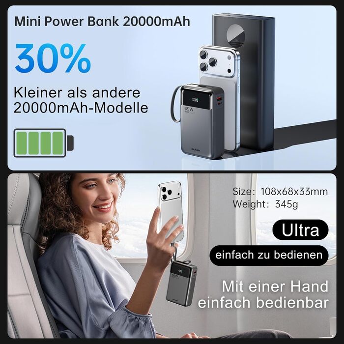 Power Bank Hichain 65W 20000mAh з кабелем USB-C, LED дисплей, чорний - для MacBook, iPhone, Samsung, iPad