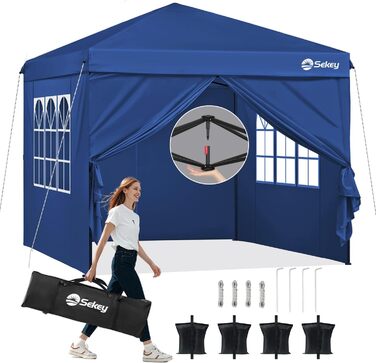 Sekey One-Touch Pop Up Pavilion 3x3 Waterproof Stable Winter-Proof, Folding Pavilion 3x3m with Thickened Tubes, Party Tent Pavilion Folding for Camping Festival Party, (Navy, with Side Walls)