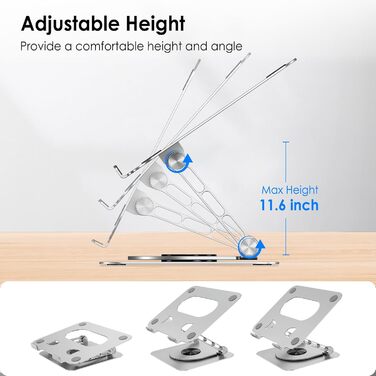 Підставка для ноутбука на стіл, 360° обертання, регульована, складна, з алюмінію, сумісна з MacBook Air Pro, HP Notebook (10–17,3 дюймів), обертова, срібна