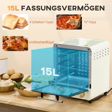 HOMCOM 15L Mini Oven with Convection 1000W 60-230°C, 1 Hour Timer, Pizza Oven including Baking Tray & Crumb Tray, cream white