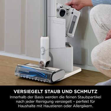 Пылесос Shark Clean & Empty с базой для автоматической выгрузки мусора, до 40 минут работы, беспроводной, самоочищающийся, для шерсти животных, ковров и твердых полов, с LED-подсветкой, тихий, белый/синий, BU3521EU