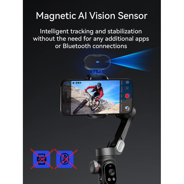 Стабілізатор для смартфона AOCHUAN 3-осьовий з RGB-підсвічуванням, для iPhone/Android, з функцією відстеження обличчя, для зйомки Vlog (Smart X Pro AI, Чорний)