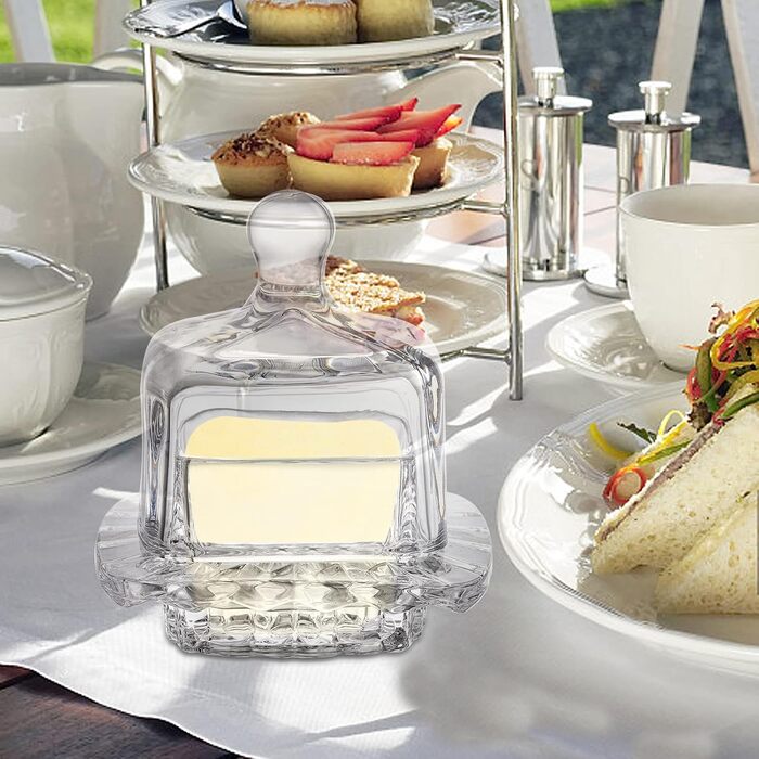 Frcctre 2 Pack Glass Butter Dish, Small Glass Butter Holder with Dome Lid and Handle, Clear Butter Serving Dish, Decorative Crystal Mini Butter Container, Butter Cloche