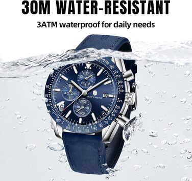 Годинник чоловічий BENYAR Chronograph з кварцовим механізмом, аналоговий, з шкіряним ремінцем. Стильний дизайн для бізнесу, спорту та повсякденного носіння. Водостійкість 30M. Елегантний подарунок для чоловіків (синій ремінець, сріблясте корпус, блакитний