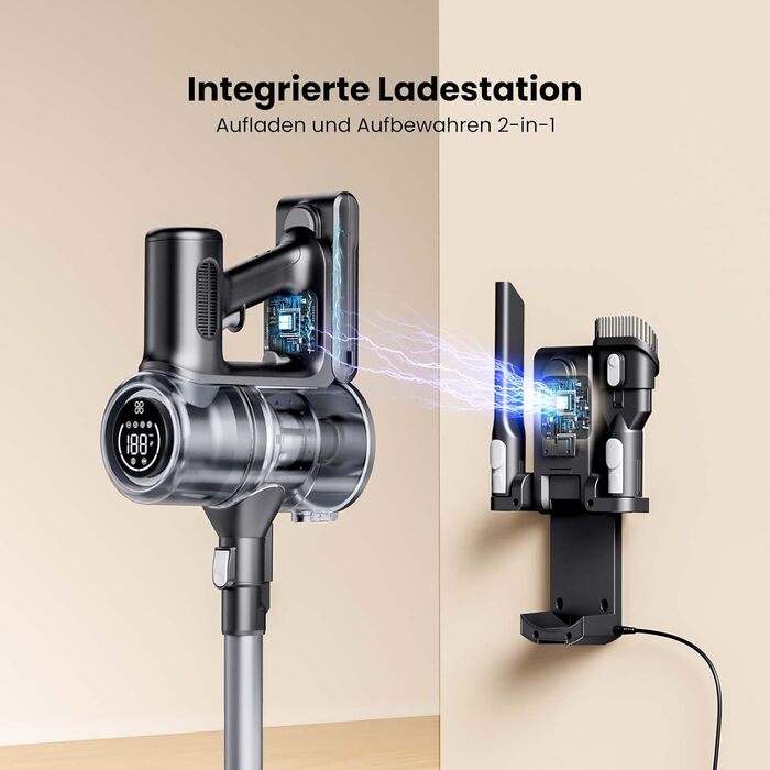 Бездротовий пилосос Proscenic P13: акумуляторний, 45KPa, 550W, 45 хв, з сенсорним екраном, зелене підсвічування, зарядний блок для стіни, анти-намотування, для килимів, твердих поверхонь, автомобіля, шерсті тварин (сірий)