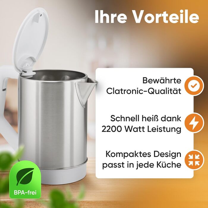 Електричний чайник Clatronic WKS 3692: нержавіюча сталь, 1,5 л, BPA free, з автовимкненням
