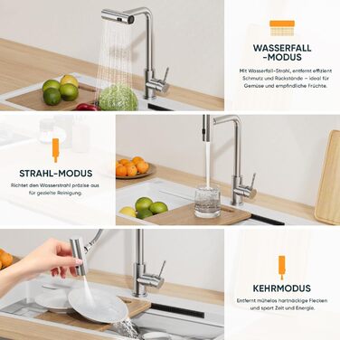 Кухонний змішувач BESy з 3 режимами струменя, висувна лійка, водоспад, поворотний на 360°, з нержавіючої сталі SUS304, для кухні