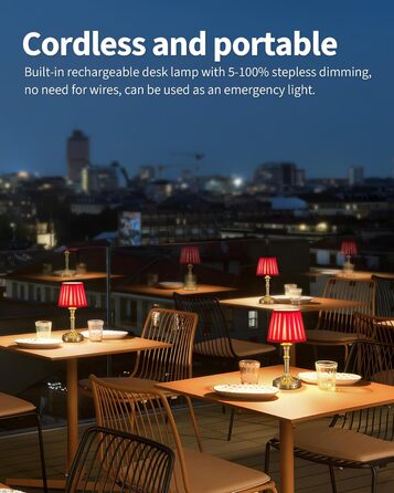 Акумуляторна настільна лампа LED з димером та червоним абажуром (2 шт) для вітальні, спальні, ванної кімнати, бронза