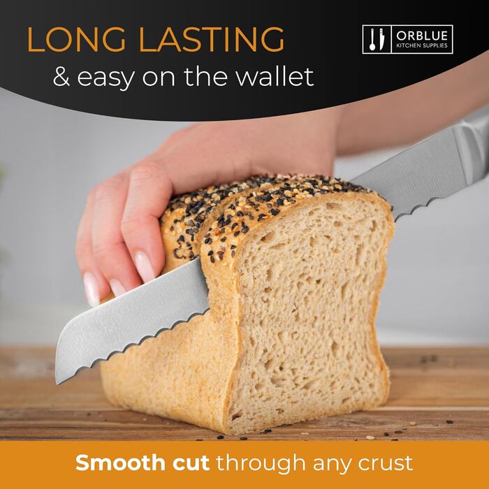 Ніж для хліба Orblue з нержавіючої сталі з хвилястим лезом - професійний кухонний ніж, ідеальний для хліба, багелів та випічки, чорний