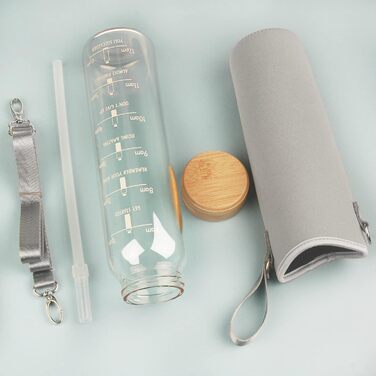 1 Liter Glass Water Bottle with Straw & Time Marker, 1L Motivational Glass Water Bottle with Protective Sleeve, Borosilicate Glass Bottle for Carbonated Drinks, Leak-Proof