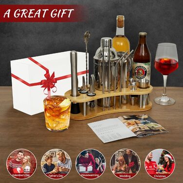 Набір для коктейлів 12 шт. з нержавіючої сталі 750 мл з підставкою з бамбука та книгою рецептів, набір шейкерів для коктейлів, подарунок для чоловіків та жінок (домашній бар, вечірка, весілля), сріблястий