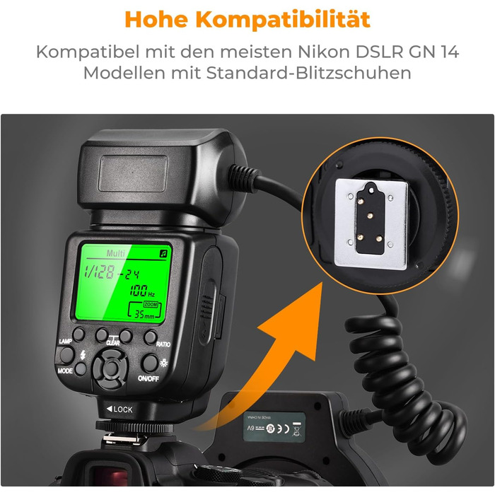 Кольцевий світловий прилад K&F Concept TTL для Nikon DSLR, GN 14, з AF-підсвічуванням та адаптерними кільцями