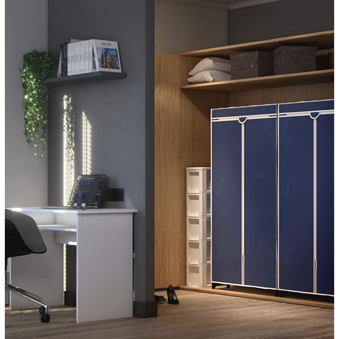 WENKO Air Wardrobe, practical fabric wardrobe for dust-free storage of textiles, stable metal frame, easy assembly, breathable non-woven material, 75 x 150 x 50 cm, Navy (with shelf)
