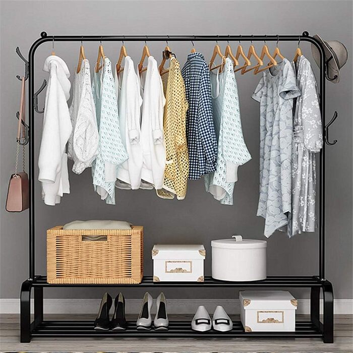 Vinteky Clothing Rack, Freestanding Coat Rack with Upper Bar, Lower Shelf, and 6 Hooks for Hanging Clothes, Black