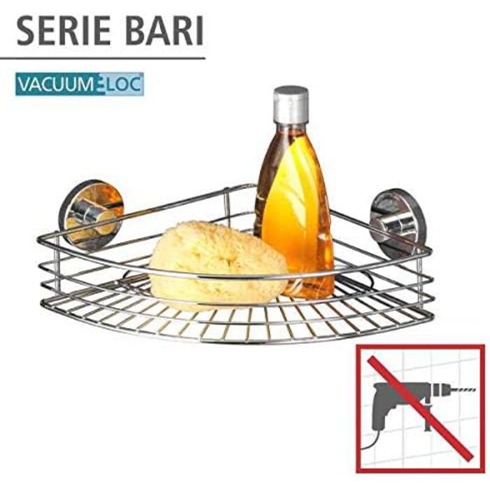 WENKO Vacuum-Loc Corner Shelf Bari, Corner Wall Shelf, Mounting without Drilling with Vacuum, Chrome-plated Metal, 35 x 9 x 22.5 cm