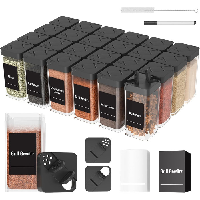 Набір баночок для спецій кутовий, 12 шт по 120 мл з кришкою, міцний пластик, дозатор, 36 етикеток, органайзер для спецій, чорний