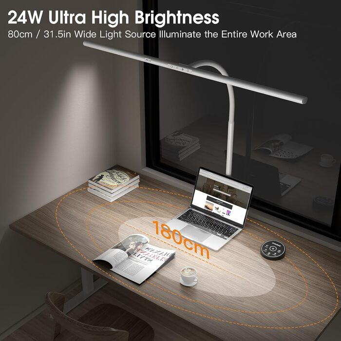 EYOCEAN LED Desk Lamp with Gesture & Remote Control - 24W, 80cm Adjustable Clamp-On Monitor Light - Daylight Lamp for Office Workers, Readers, Architects, and Designers (White)