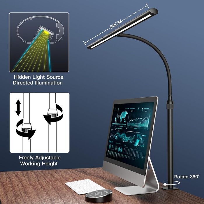 LED лампа настільна EYOCEAN 24W, 80 см, з керуванням жестами, регульоване денне світло, захист очей, для офісу, читання, архітекторів, дизайнерів, матовий чорний