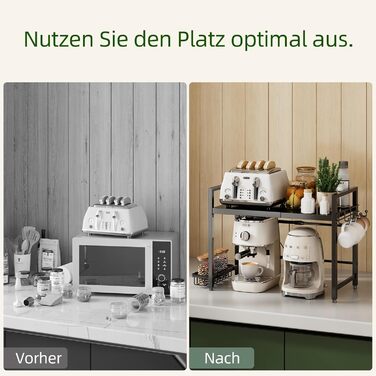 Регульована полиця для мікрохвильової печі NETEL 2-ярусна, чорна, висувна 40-60 см з тримачем для напоїв та кошиком