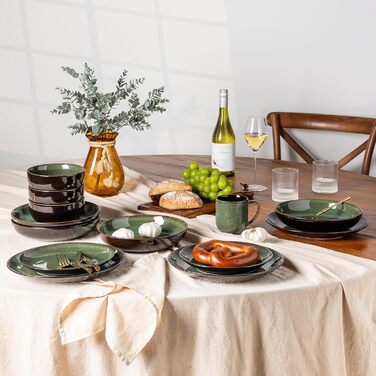 Набір посуду LeRatio для 8 осіб: 24-частинний комплект з кераміки з реактивною глазур'ю (смарагдовий, 24 частини)
