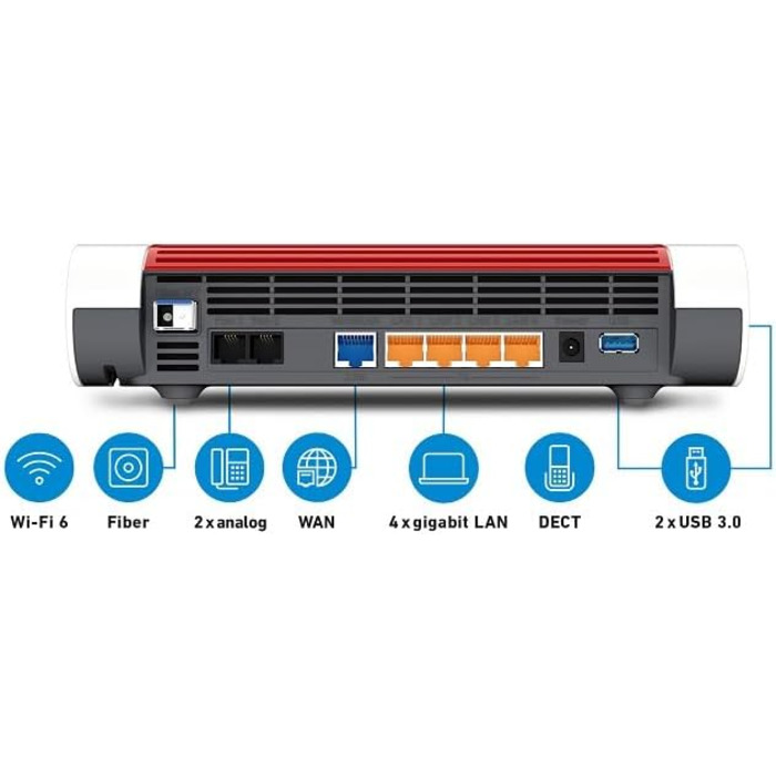 Роутер FRITZ!Box 5590 Fiber: Wi-Fi 6, Mesh, DECT, 2.5 Gbps LAN, для підключення до оптоволоконного інтернету, білий/червоний