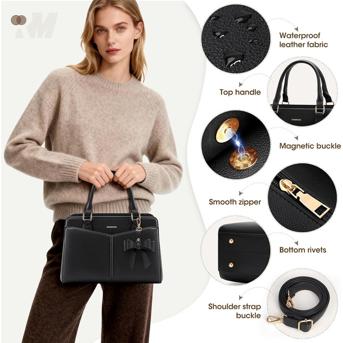 Сумка жіноча RAINSMORE середнього розміру зі штучної шкіри, чорна. Сумка-тоут, сумка на плече, ручна сумка