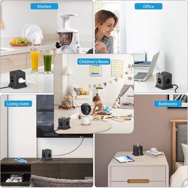 Багатофункціональний мережевий адаптер FDTEK 7-в-1 з USB-C та USB-A, 4 розетки, 2500W/10A, куб з вимикачем, кабель 1.8м, чорний