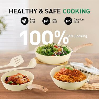 Набір посуду MAISON ARTS 12 предметів: каструлі та сковороди з антипригарним покриттям, гранітне покриття, для індукції, плити, бежевий