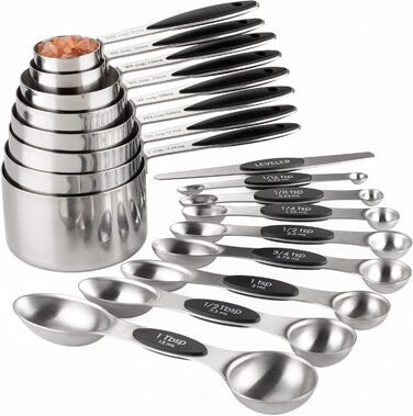 Measuring cup and spoon set, stainless steel, includes 8 sturdy measuring cups, 8 double-sided magnetic measuring spoons, and 1 leveler for dry and liquid ingredients