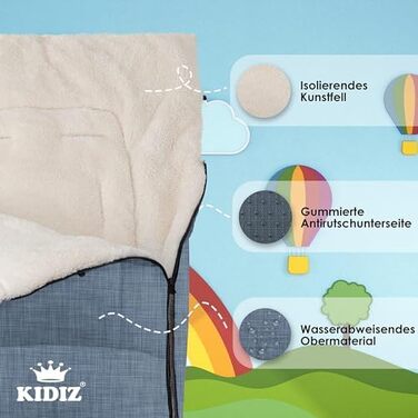 Kidiz® Baby Footmuff Baby Footmuff Winter Footmuff Car Seat with Zipper Snuggle Sack Baby Blanket Stroller Washable, Lockable Headrest, Pocket, Suitable for All Strollers, Jeans Grey