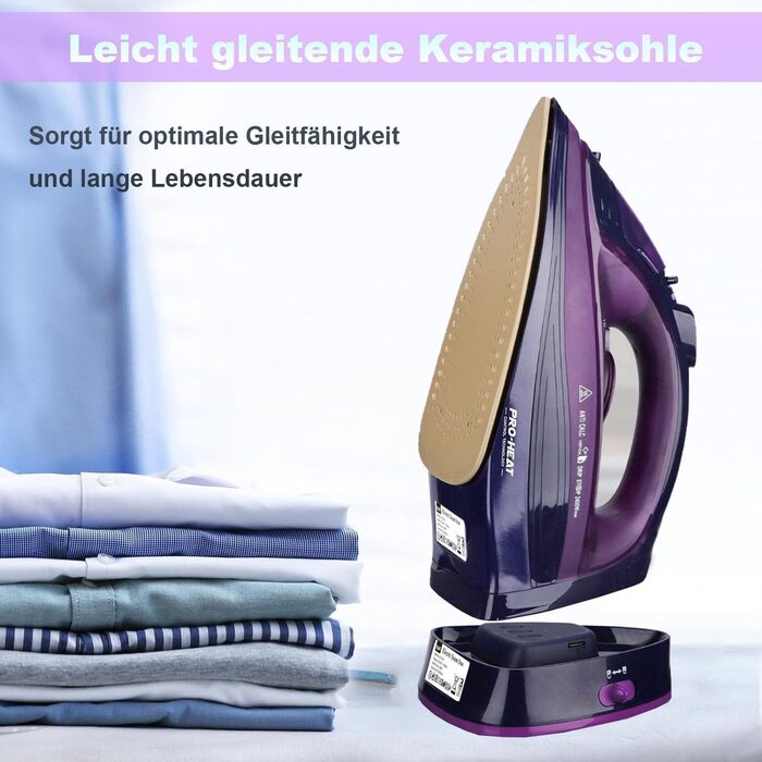 Пароочищувач бездротовий 2400W з керамічною підошвою, функцією вертикального прасування, антикальк, самоочищення та резервуаром для води (фіолетовий)