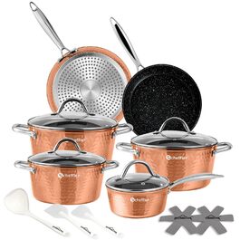 Набір посуду Scheffler 15 предметів для індукційних плит з кришками з скла, нержавіюча сталь з мідними ручками