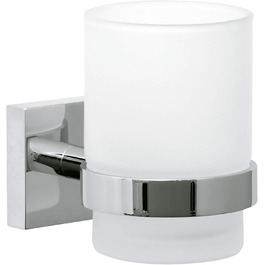 tesa EKKRO Toothbrush Holder - Glass cup with satin finish, chrome wall mount - for wall mounting without drilling, includes adhesive solution - 67mm x 95mm x 110mm