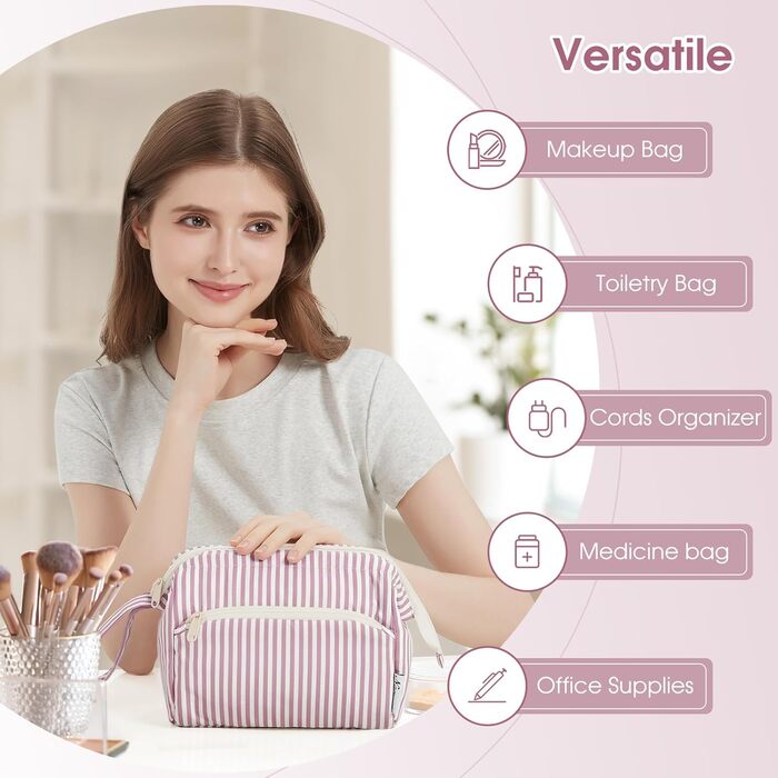 Косметичка жіноча Narwey для подорожей: зручна та містка сумка для косметики та аксесуарів (сіро-блакитний, рожеві смуги)