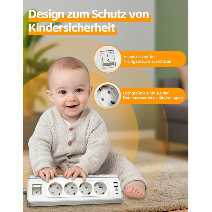 Кутова розетка для кухні Ecksteckdose, 4-портова з 2 USB та 2 Type-C, 3680W/16A з LED, захистом від перенапруги, економна для дому, офісу, кухні, настінний монтаж, кабель 2м білий, 4-портова