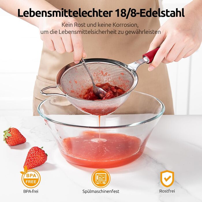 U-Taste дрібносітчасте кухонне сито з нержавіючої сталі 18/8, середнє металеве сито з міцною заклепкою і силіконовою ручкою, для просіювання борошна, зціджування чаю, рису, кіноа, червоне, 12 см