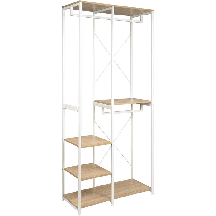 WOLTU Coat Rack Clothes Rail Laundry Rack with Shelf Shoe Shelf made of Wood and Steel, Hanging Shelf, White + Light Oak