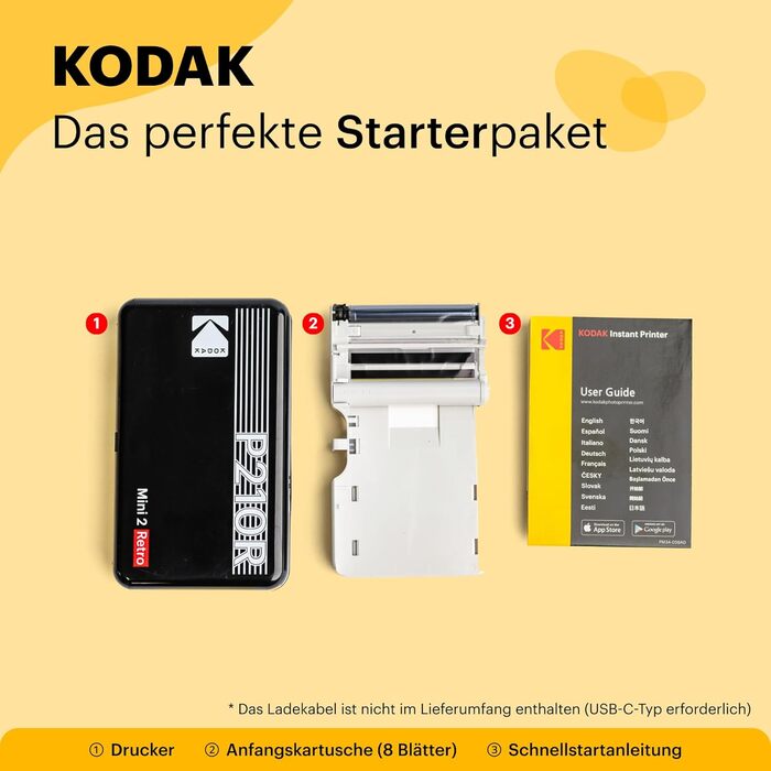 Фотодрук Kodak Mini 2 Retro: компактний мобільний принтер Bluetooth, 5.3x8.6 см, комплект з 38 картками, білий