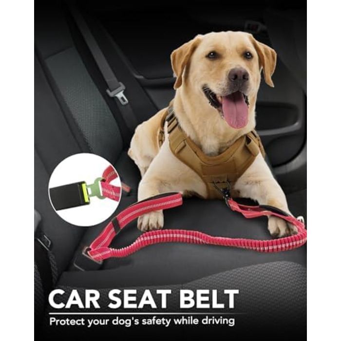 Тактична повідок для собак Joytale, еластична повідок з 2 м'якими ручками, страхувальний ремінь для авто, повідок без ривка для середніх, великих та екстра-великих собак (1.2м-1.8м, світиться рожева)