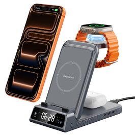 Бездротова зарядка 3-в-1 SwanScout 703A для iPhone 17/16/15/14/13/12, Apple Watch 11/10/9/8/7/Ultra та AirPods Pro 3 (Tech Grey)