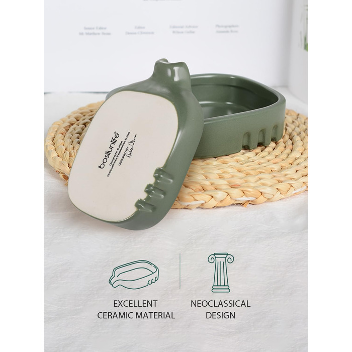 Керамічна миска для мила BosilunLife з отвором для стоку води – неслизька підставка для мила, квадратна, сучасна та мінімалістична, для ванної кімнати, душу, кухні, умивальника (Сірий, Зелений)