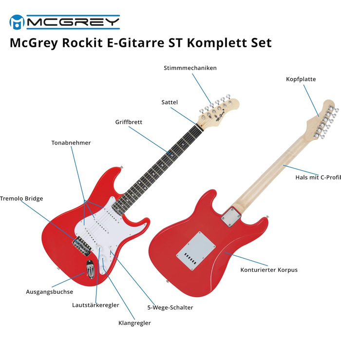 McGrey Rockit ST Комплект електрогітари (8-елементний стартовий набір: гітара, підсилювач, запасні струни, гітарний чохол, тюнер, медіатори, ремінь та гітарний кабель) (Fiesta Red)