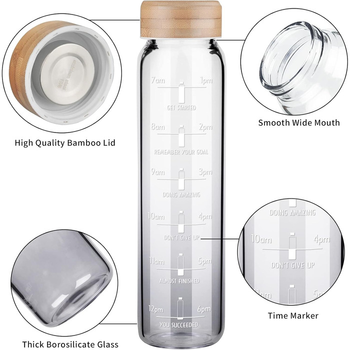 1 Liter Drinking Bottle Glass with Straw & Time Marker, 1L Motivational Glass Water Bottle with Protective Sleeve, Borosilicate Glass Bottle for Carbonated Drinks, Leak-Proof (Gradient Black)