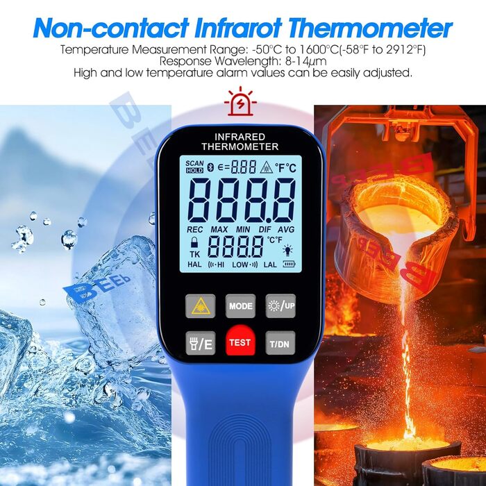 Інфрачервоний термометр 30:1 з лазером та APP, IR термометр -50℃-1600℃, 8-14μm, безконтактний, Max/Min/Avg/DIF, 1600B-APP